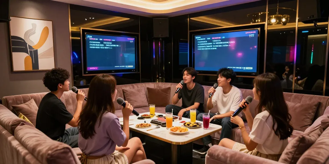 강남 달토의 고급 가라오케 룸에서 친구들이 노래를 즐기는 모습