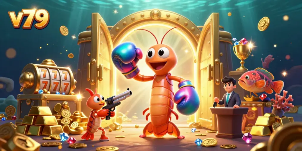 Experience the excitement of v79 with vibrant casino-themed underwater action featuring shrimp characters.