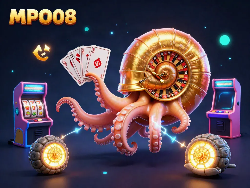 MPO08 presents an exciting scene with a giant nautilus roulette wheel and glowing elements, embodying casino gaming fun.