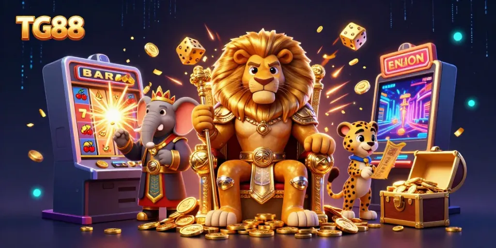 Experience the excitement of TG88's online casino with vibrant characters and dynamic jackpot elements exploding in rich digital detail.