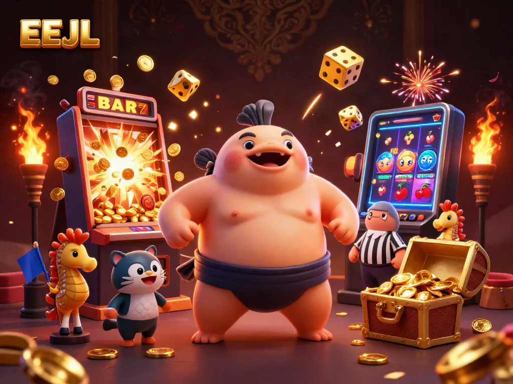 EEJL showcases a vibrant underwater casino scene featuring a fugu, catfish referee, and seahorses celebrating jackpots.