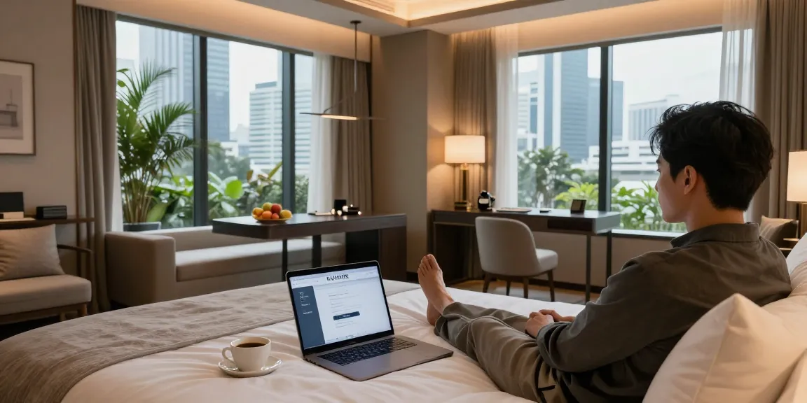 rokok88 login on a laptop in a luxurious hotel room at ROKOK88, Jakarta