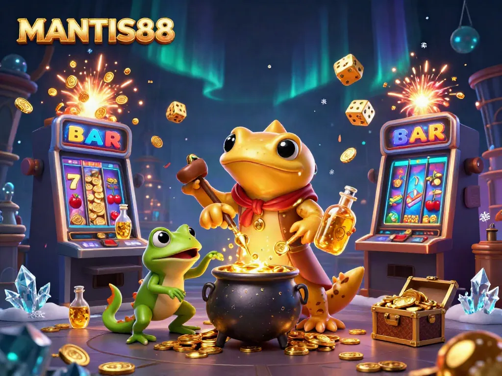 MANTIS88 brings life to a whimsical scene with a golden salamander alchemist, showcasing thrilling casino elements and vivid imagery.