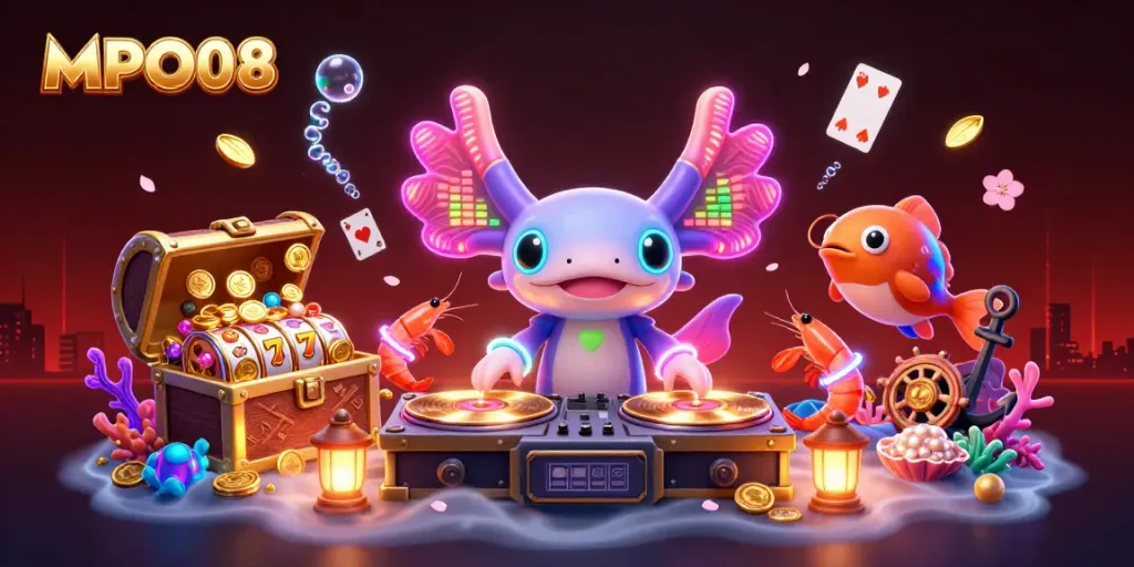 MPO08 showcases a neon axolotl DJ spinning vibrant casino-themed reels amidst an energetic underwater party.