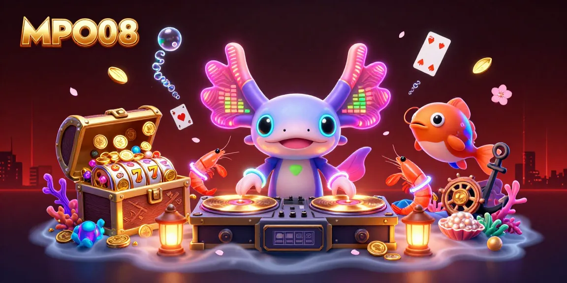 MPO08 showcases a neon axolotl DJ spinning vibrant casino-themed reels amidst an energetic underwater party.