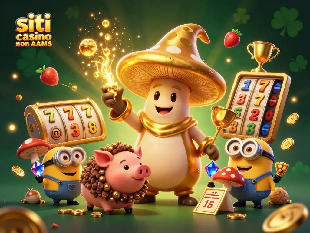 Giocando con i siti casino non AAMS, una scena magica con un mago fungo e tesori scintillanti.