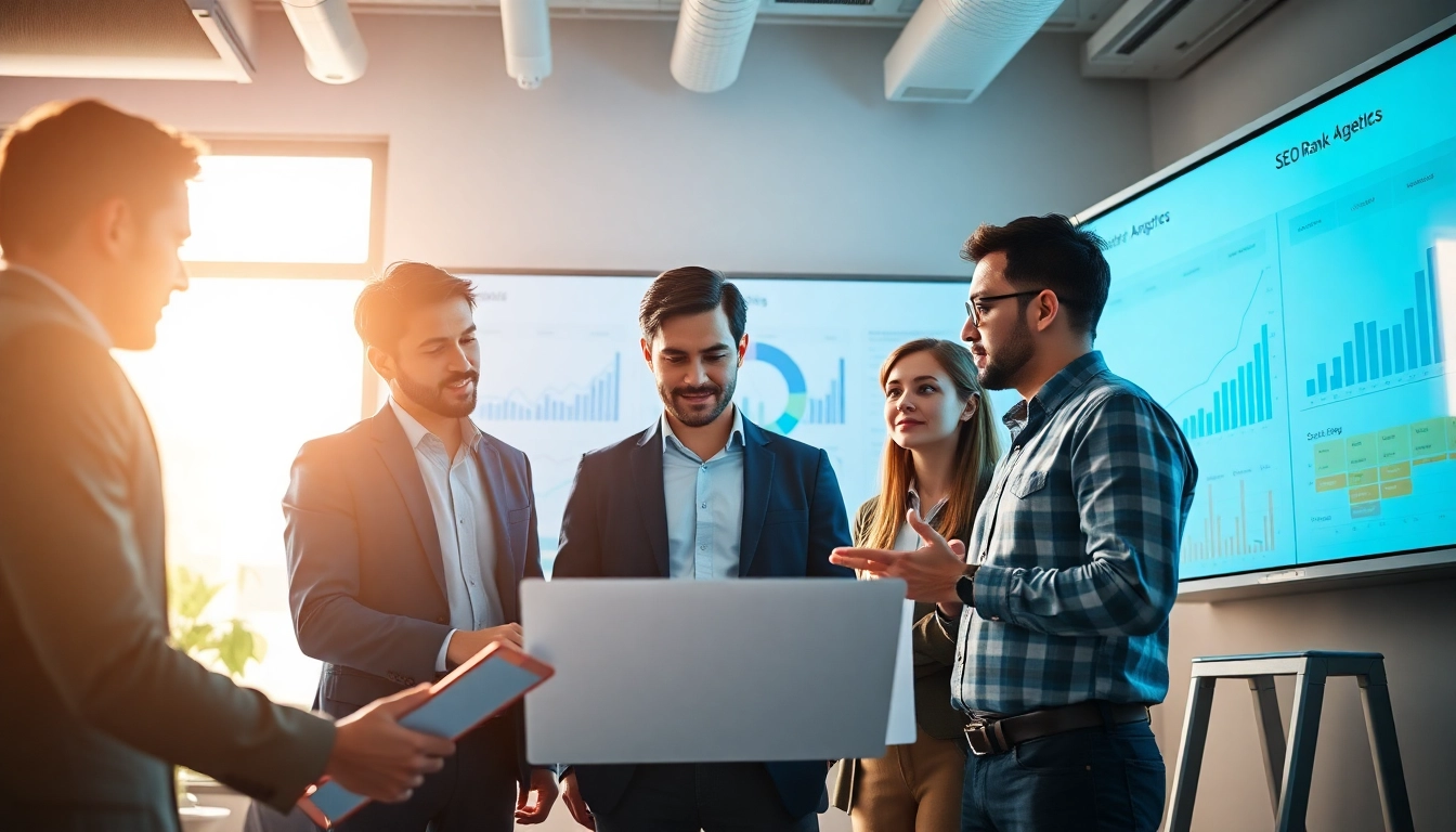 Analyze data for improving SEO Rank with a dedicated team in an office.