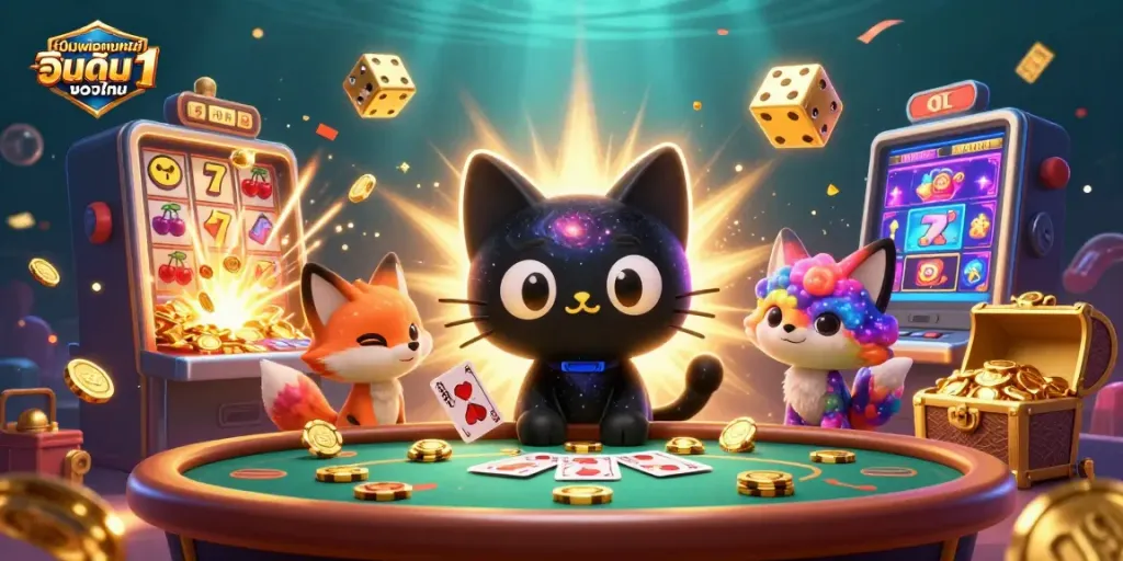 เว็บพนันออนไลน์ อันดับ 1 ของไทย พร้อมเสน่ห์ของคาสิโนสุดอลังการที่มีการ์ตูนแมวหลุมดำและสุนัขจิ้งจอกในบรรยากาศอวกาศ