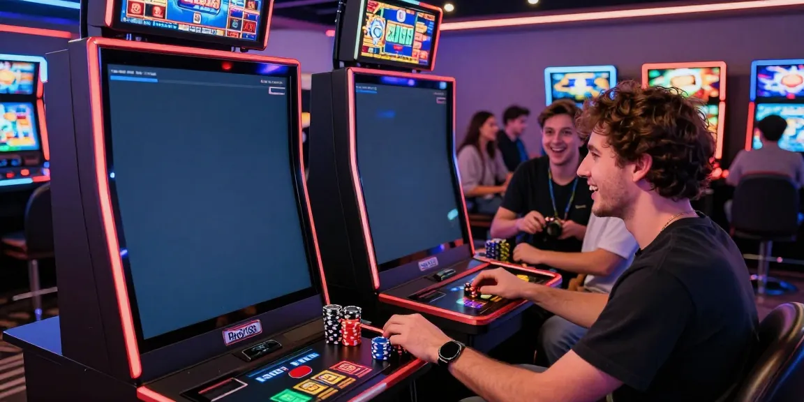 Engaged player at Bro138 slot machine in a vibrant gaming lounge.