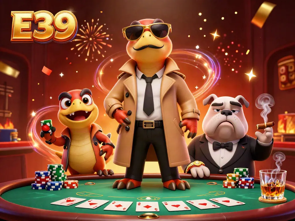 E39 raptors sneak into a VIP lounge, surrounded by poker elements and festive confetti.