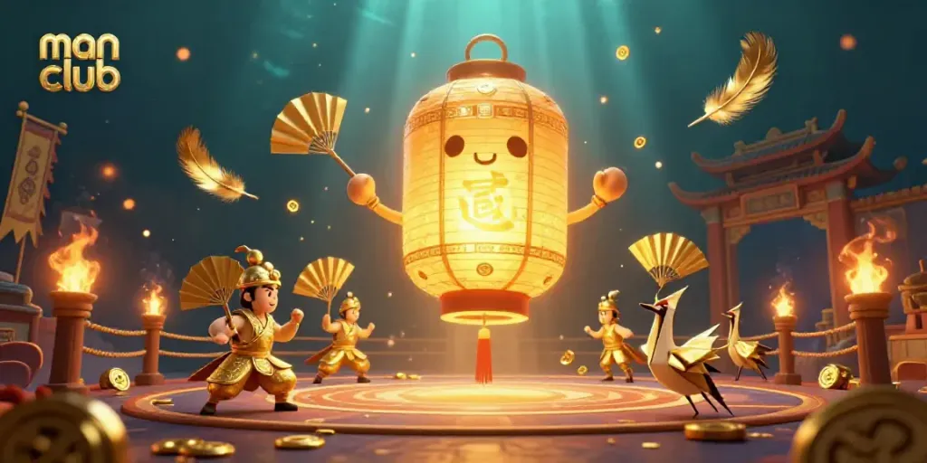 Experience the thrilling atmosphere of a man club casino scene featuring glowing spirits and golden warriors.