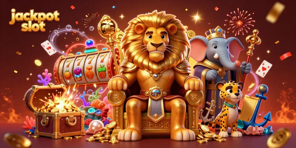 Experience the thrill of jackpot slots with a vibrant scene featuring a royal lion, wise elephant, and quick cheetah amidst gaming elements.
