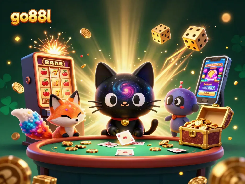 Experience go88l with a magical cosmic casino scene featuring a black hole cat and a nebula fox.