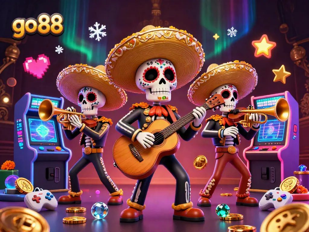 Experience an exciting go 88 dynamism with a Day of the Dead mariachi band amidst vibrant gaming elements.