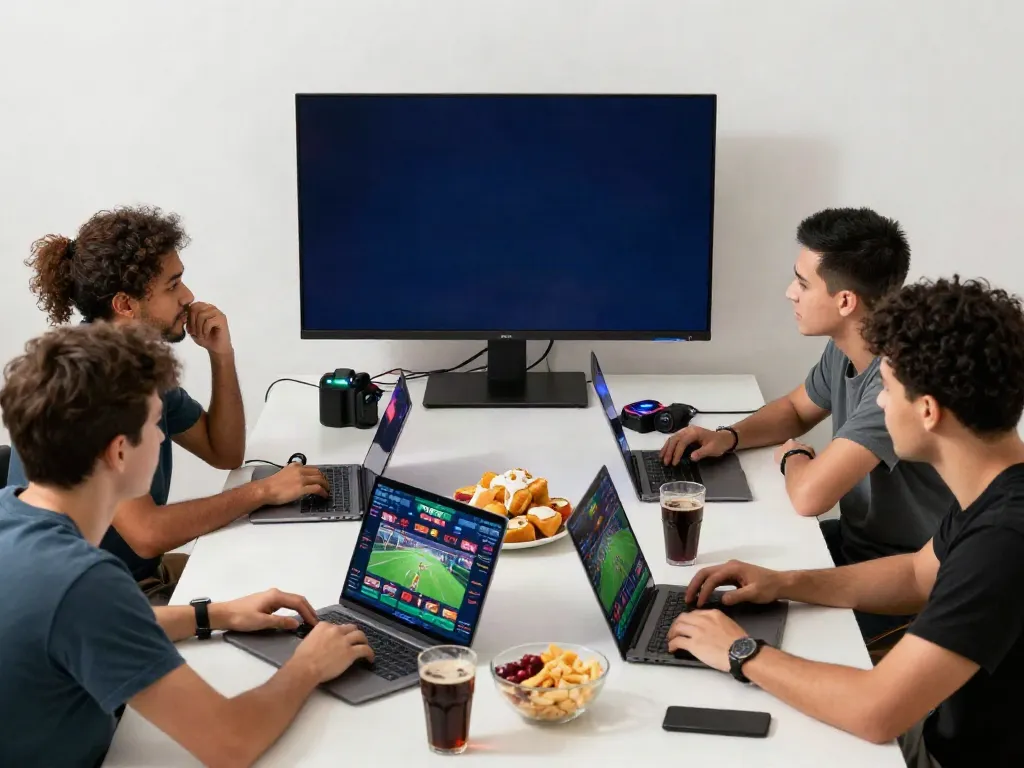 Friends engaging in online betting at https://five88bet.org/ with gaming setup and snacks.