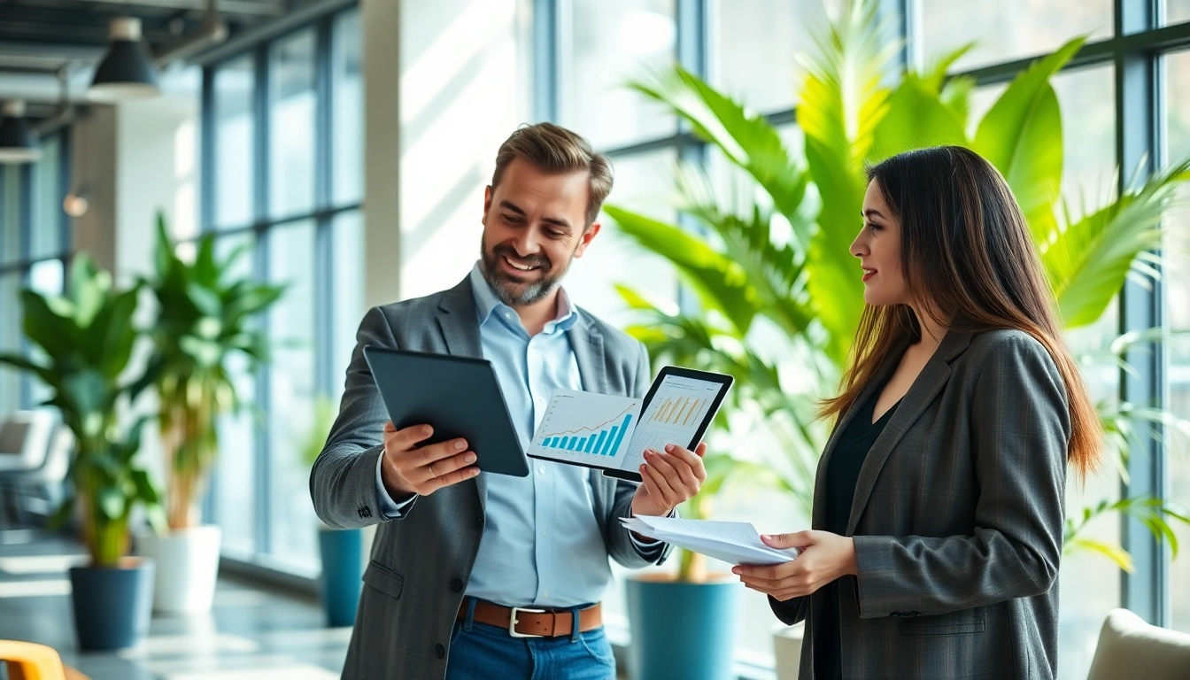 Consultants discussing grants with digital tools in a professional office setting.