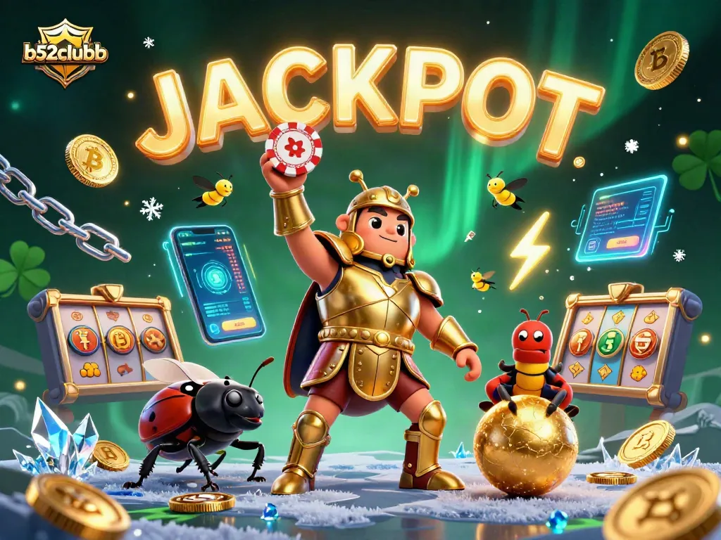 Win exciting poker chips with b52clubb's 3D cartoon beetles in a vibrant casino illustration.