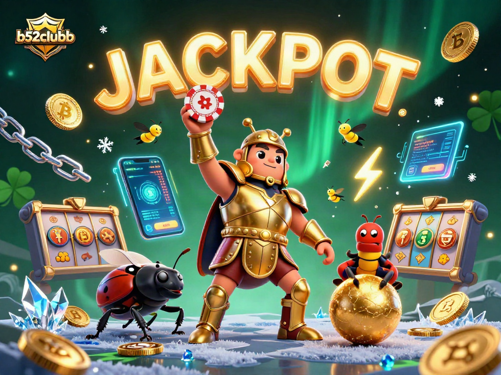 Win exciting poker chips with b52clubb's 3D cartoon beetles in a vibrant casino illustration.