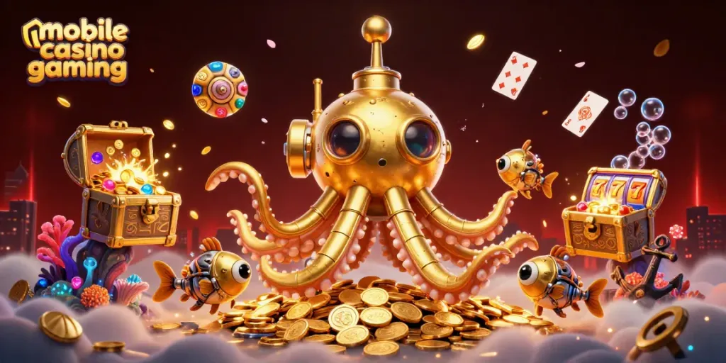 Experience mobile casino gaming with a vibrant underwater scene featuring a golden kraken submarine and mechanical fish.