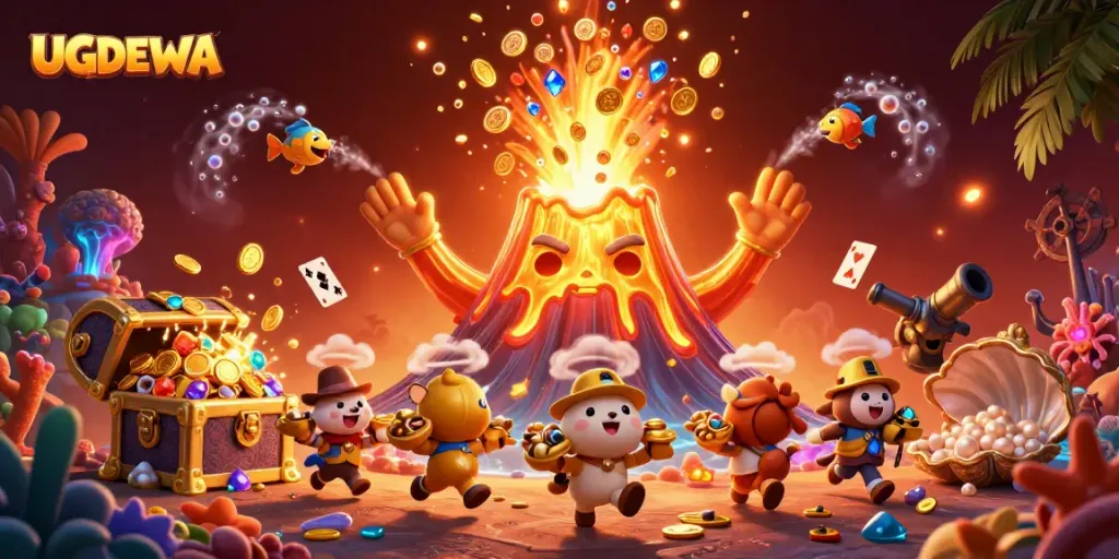 Win big with UGDEWA as treasure erupts from a golden volcano in an exciting gambling adventure.