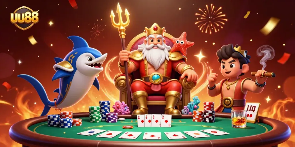Experience the excitement of uu88 with Neptune and a samurai in this vibrant 3D casino illustration.