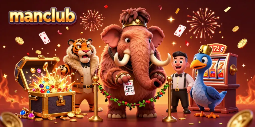 Experience thrilling gaming at manclub with a woolly mammoth checking IDs, alongside a saber-tooth tiger VIP.