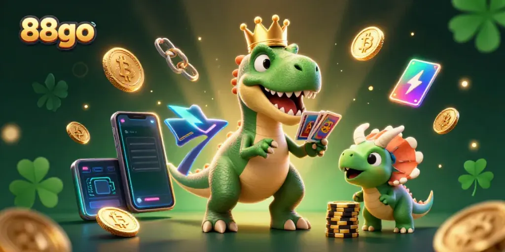 Experience the thrill of 88go in a vibrant, cartoon casino scene featuring a T-Rex, pterodactyl, and triceratops.