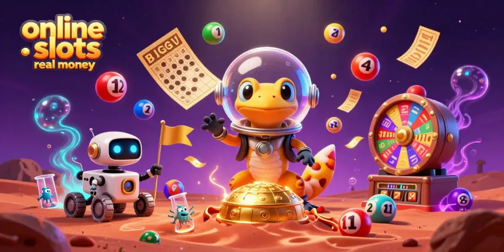 Experience engaging online slots real money gameplay with Martian gecko and casino elements in ultra-detailed 3D.