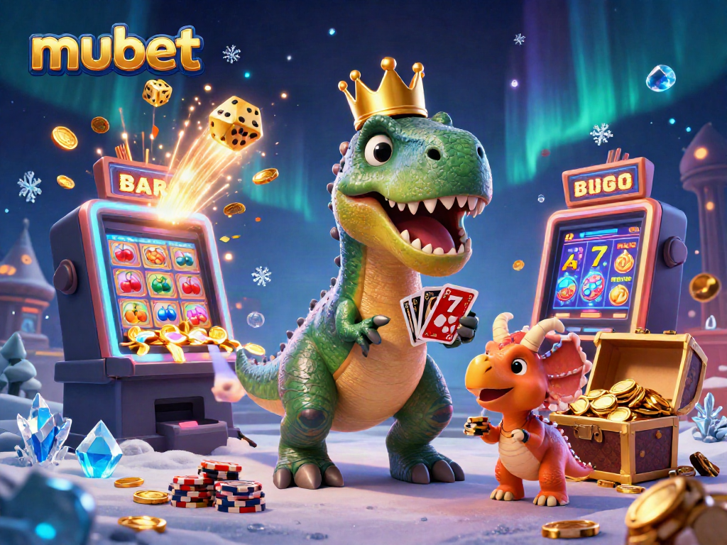 Engage with mubet in an energetic casino scene featuring animated dinosaurs playing cards.