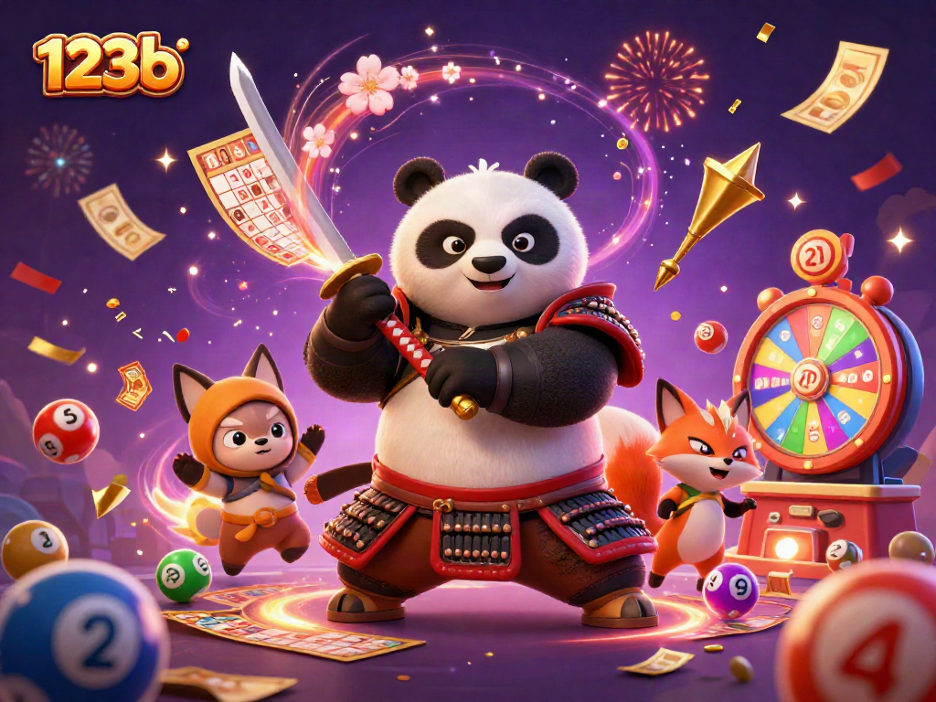 Engage in exciting lottery action with 123b's vibrant casino illustration featuring playful characters and dynamic elements.