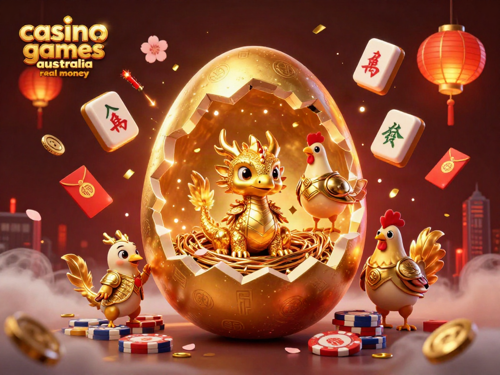 Engage in thrilling casino games Australia real money with a dynamic 3D illustration of golden dragon and poker chips.