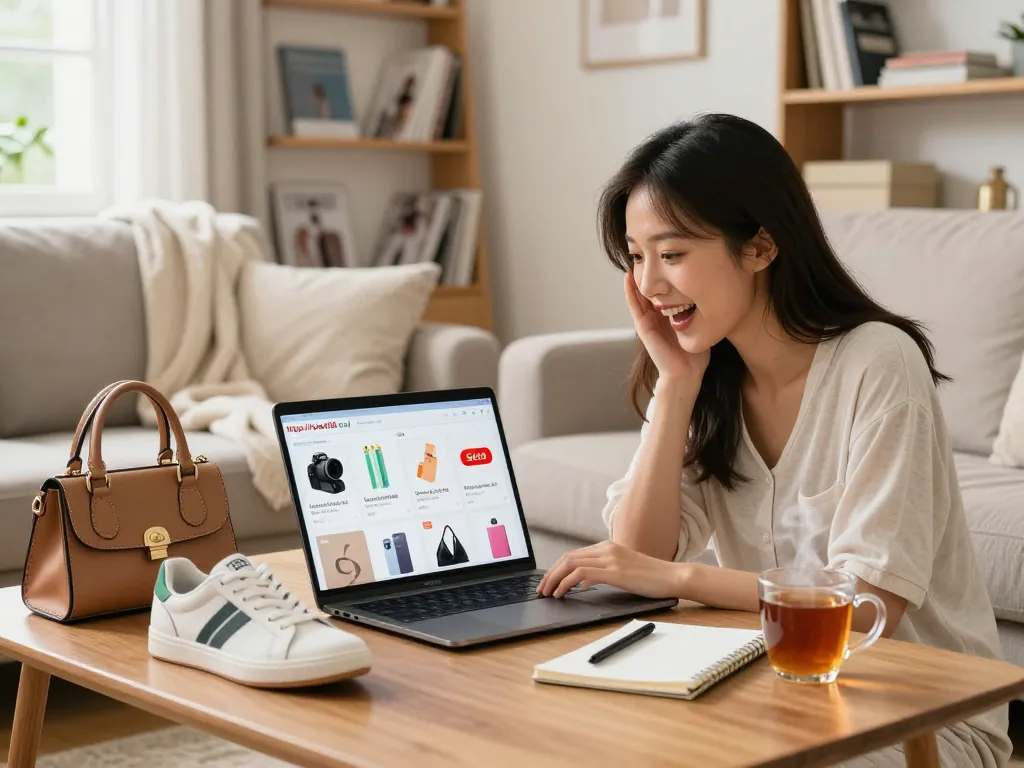 Engaging online shopping experience on https://hubet88.icu/ featuring stylish accessories and a cozy living room.