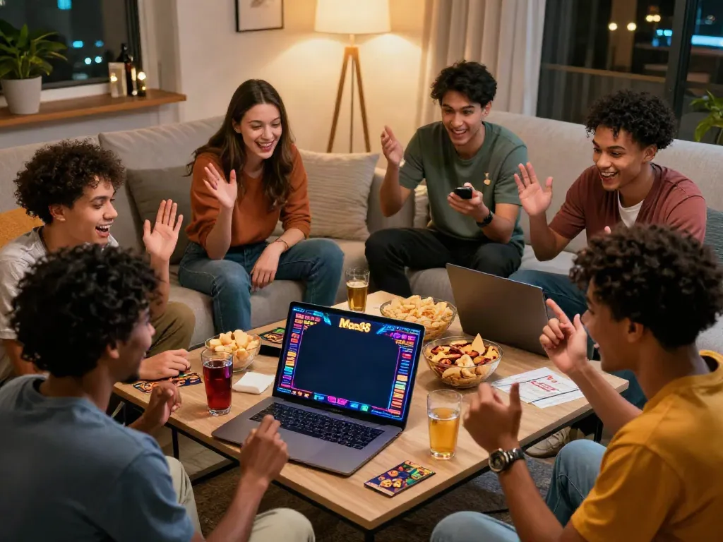 Group of friends celebrating a jackpot win on https://man88pro.com/ with vibrant gaming graphics.