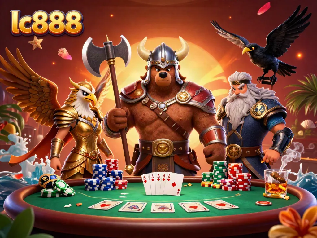 Engage in thrilling poker action with lc888 in a lively casino scene featuring a Viking bear and Valkyrie eagle.