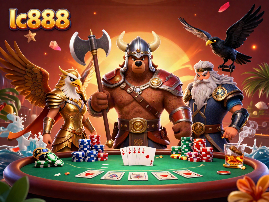 Engage in thrilling poker action with lc888 in a lively casino scene featuring a Viking bear and Valkyrie eagle.