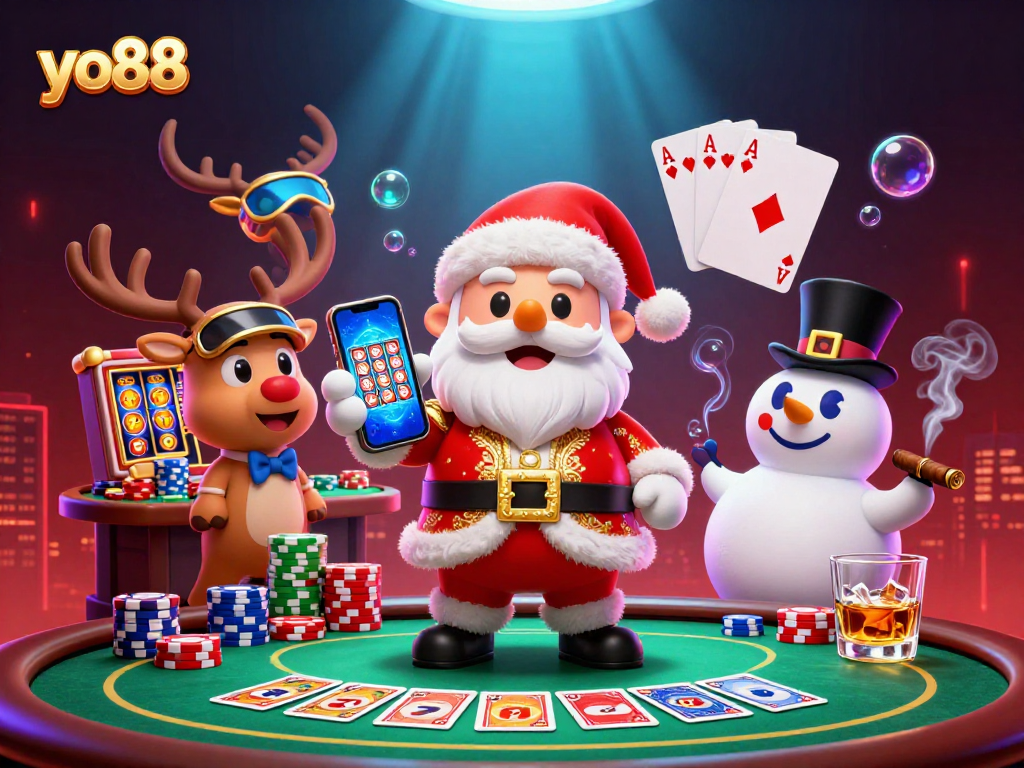 yo88 showcases festive casino fun with Santa, a reindeer dealer, and a poker chip snowman.