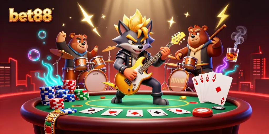 Rock star wolf performs at a bet88 casino stage, surrounded by vibrant poker elements.