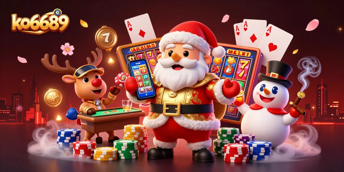 Experience exciting gaming at ko6689 with vibrant slot reels, jackpot counters, and festive characters.