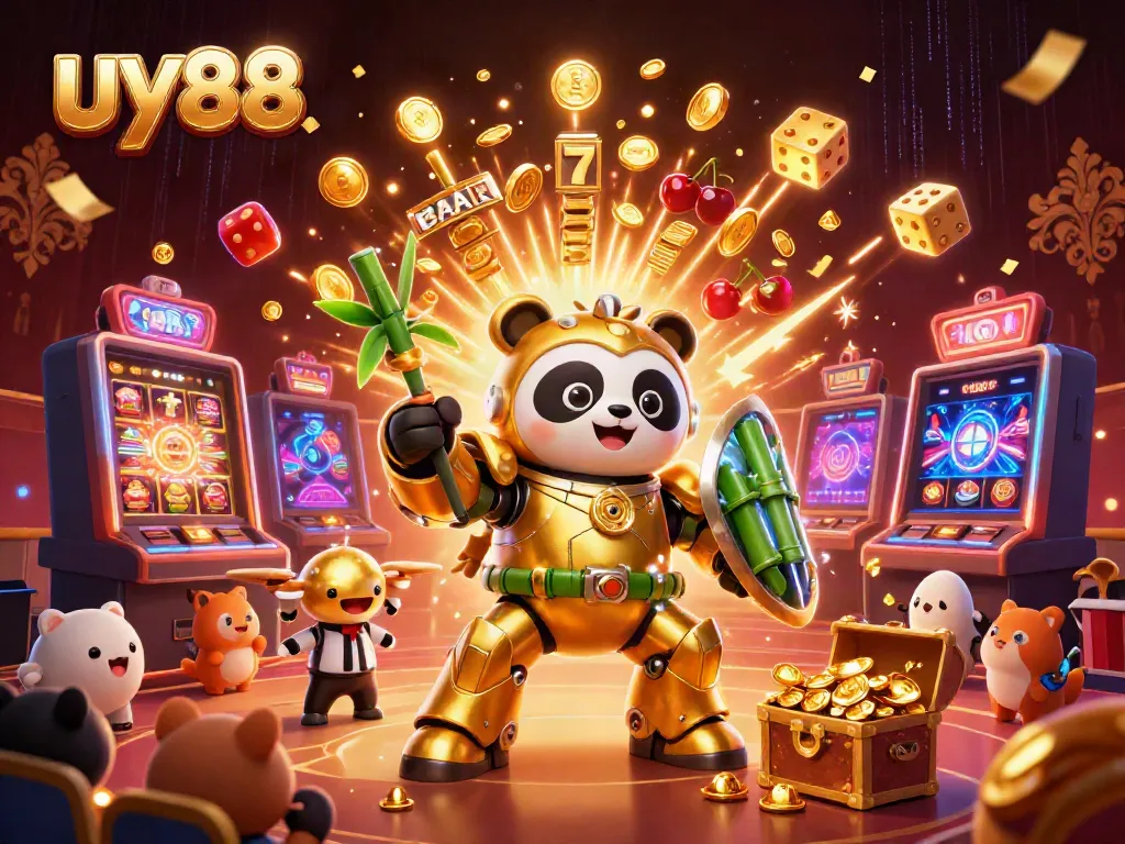 Experience thrilling gameplay at uy88 with a golden panda piloting a robot amidst a jackpot explosion and cheering fans.