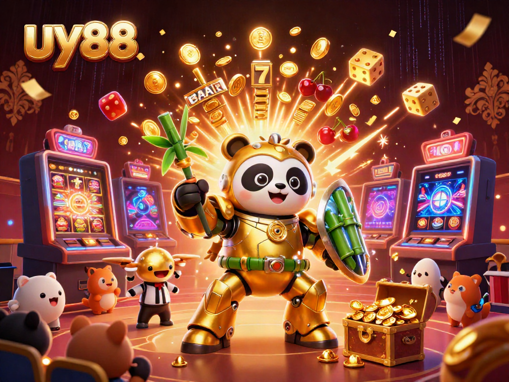 Experience thrilling gameplay at uy88 with a golden panda piloting a robot amidst a jackpot explosion and cheering fans.