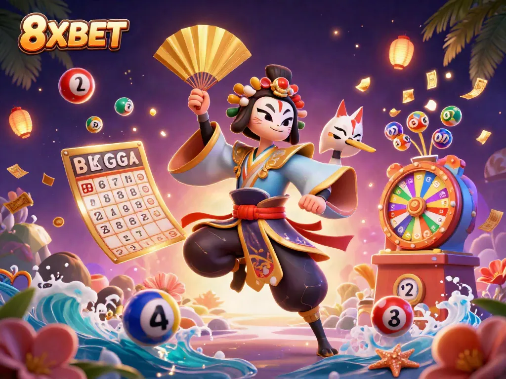 Experience the vibrant world of 8XBET with dynamic lottery elements and enchanting characters.