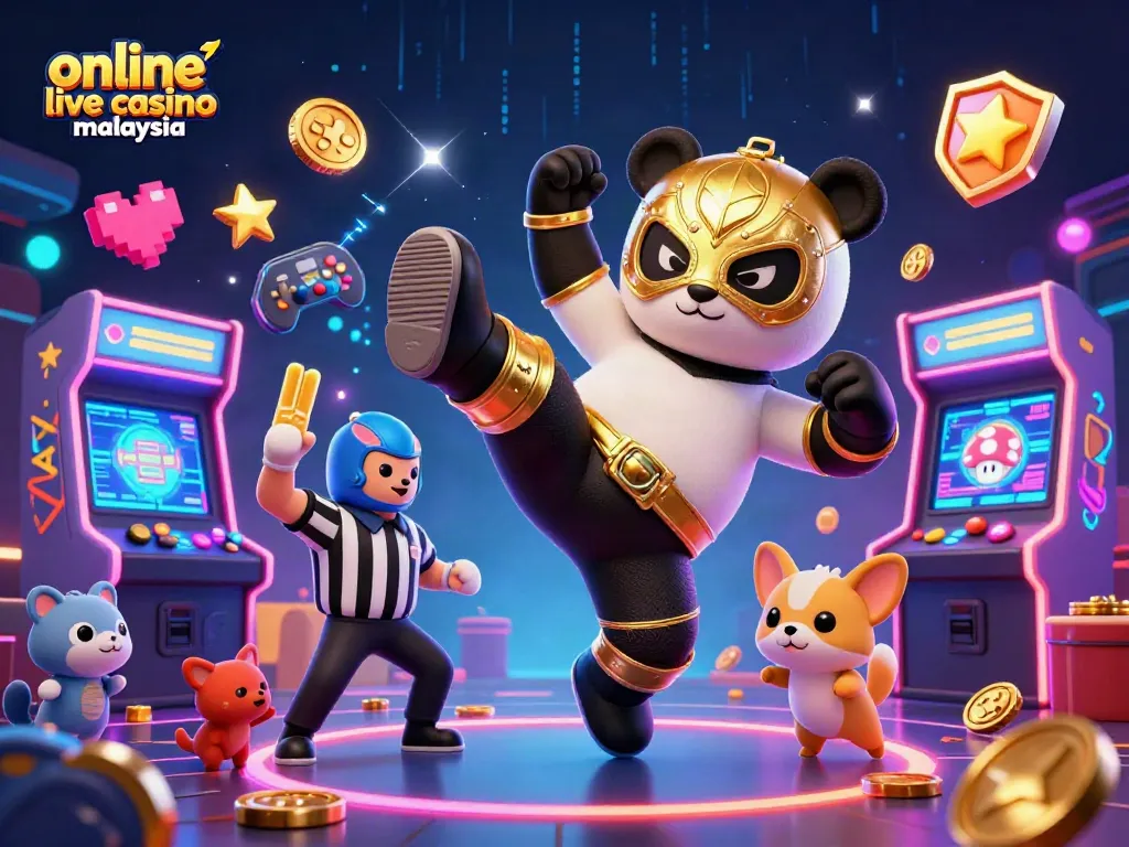 Experience thrilling action at the online live casino malaysia with a wrestler panda and animated supporters.