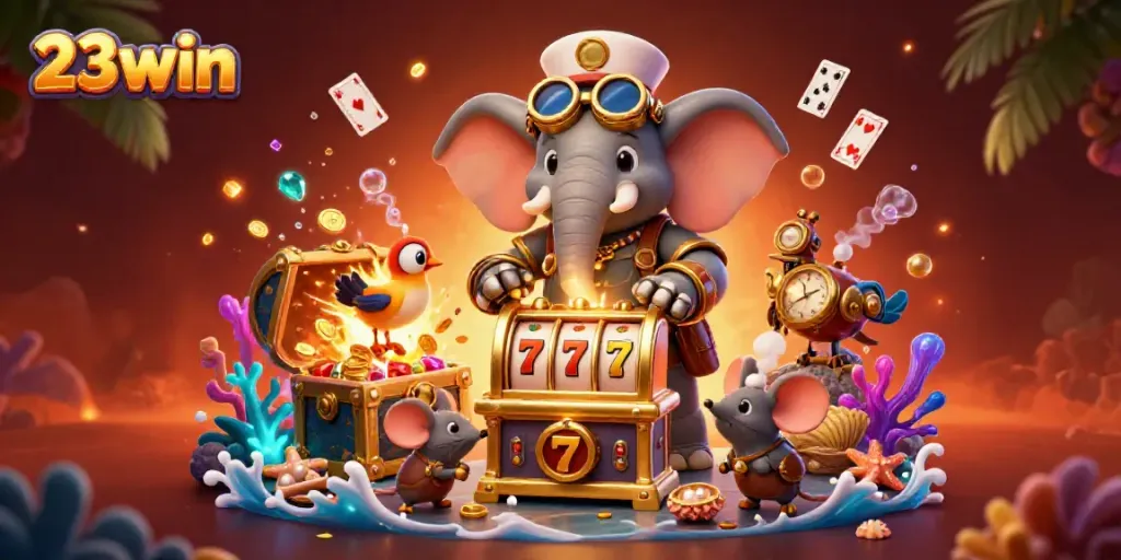 Engage with 23win's vibrant casino adventure featuring a steampunk elephant engineer at a golden slot machine.