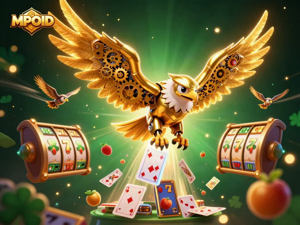 Experience the excitement of MPOID with a dynamic illustration of a cybernetic eagle amidst slot reels and jackpot symbols.
