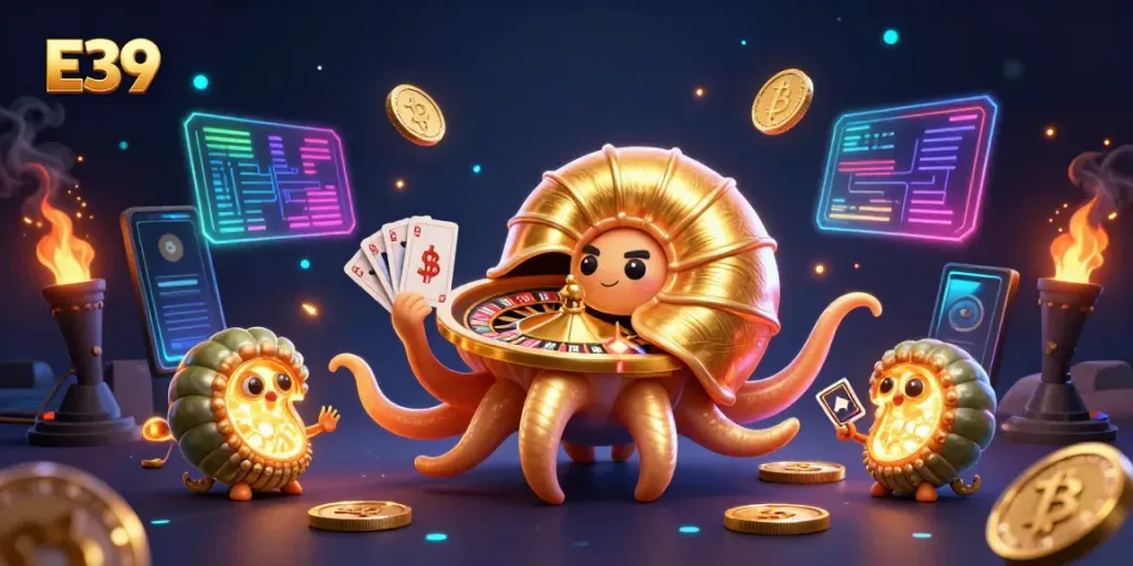 Engage in thrilling gameplay with E39's giant nautilus roulette and glowing crypto coins.