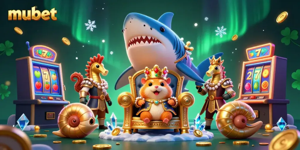 Engage with mubet's immersive casino experience featuring a fierce hamster king on a shark throne.