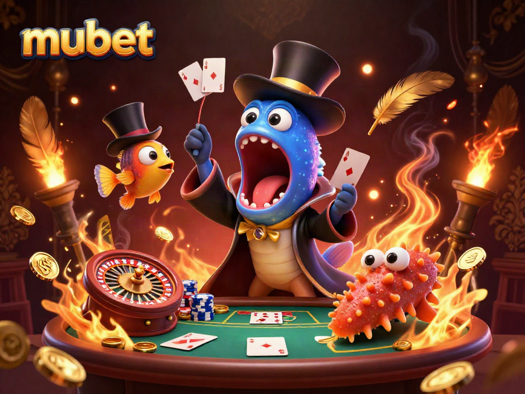 Watch the gulper eel perform card tricks at Mubet, amidst golden gaming symbols and vibrant gambling elements.