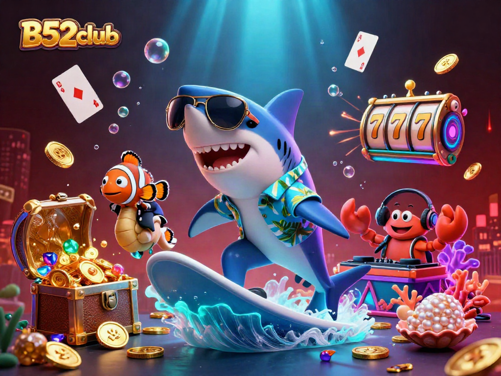 B52club presents an engaging 3D illustration with vibrant characters and dynamic casino elements for a winning gaming experience.