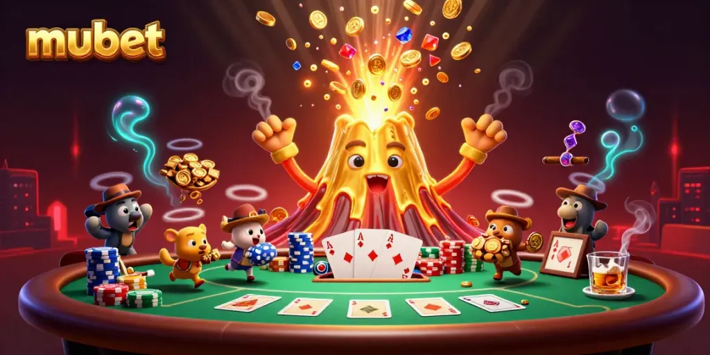 Experience the excitement of gambling with mubet as a golden volcano erupts coins and treasures.