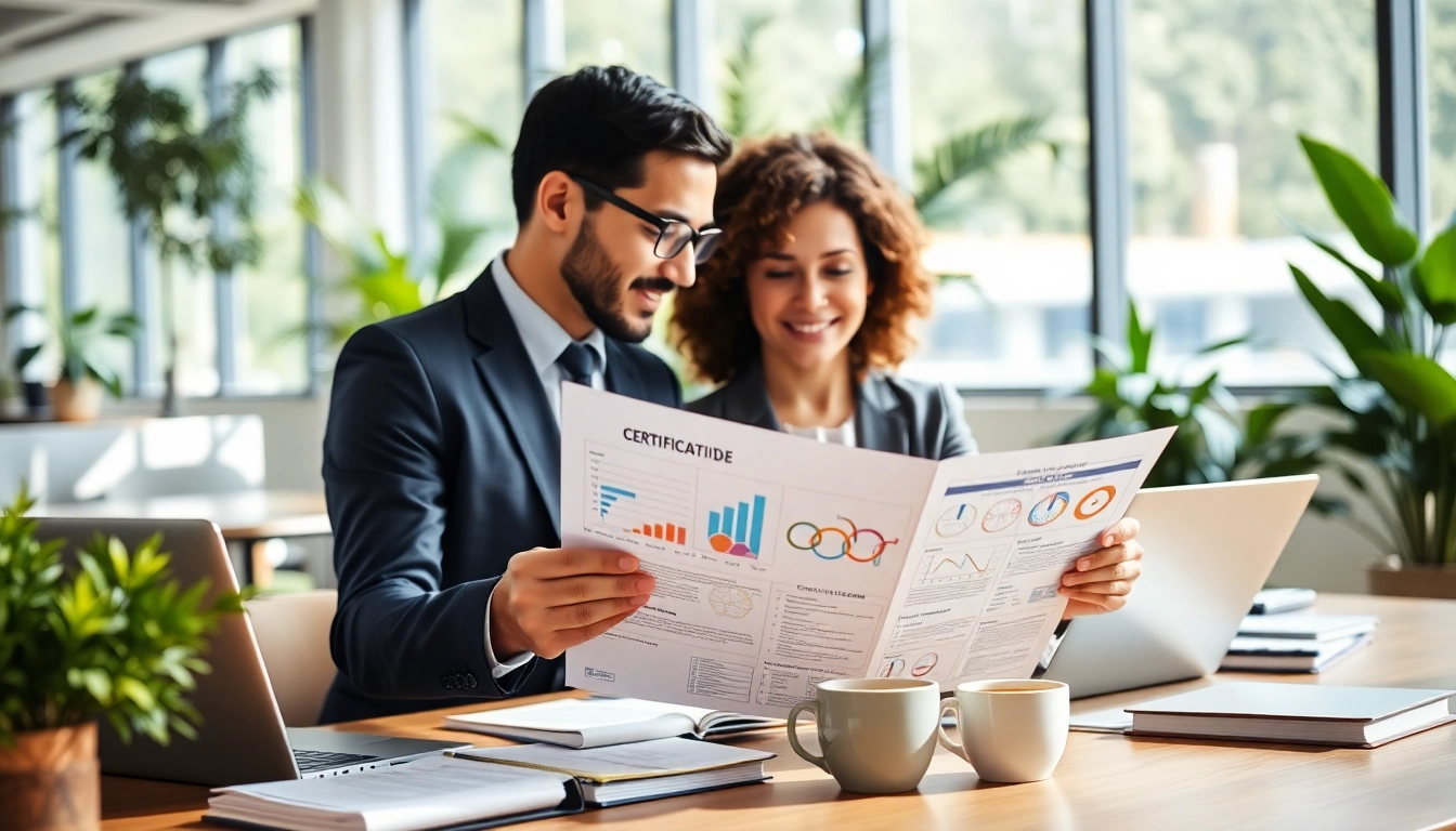 Certification help providers assisting professionals in a bright office environment.
